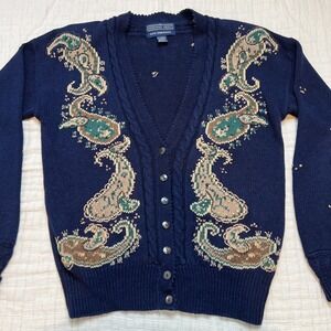 Herman Geist Hand Embroidered Navy Cardigan Sweater Size Small  Cotton Linen